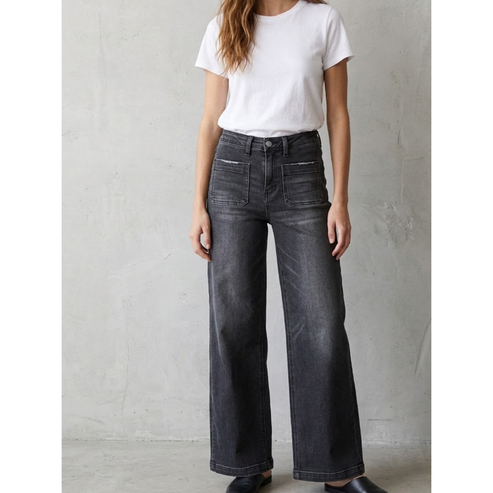 VERVET Faded Black High Rise Wide Leg Utility Patch Pocket Jeans 27